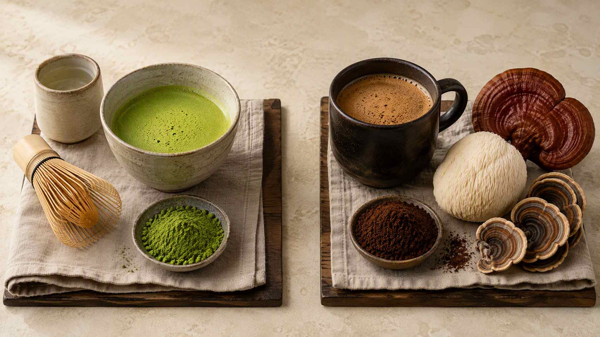 Matcha vs Mushroom Coffee comparison visual