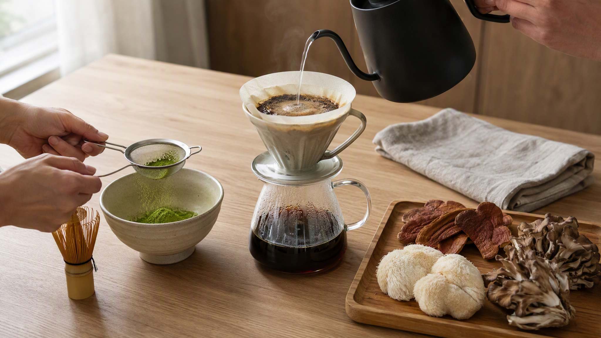 Matcha vs Mushroom Coffee preparation process