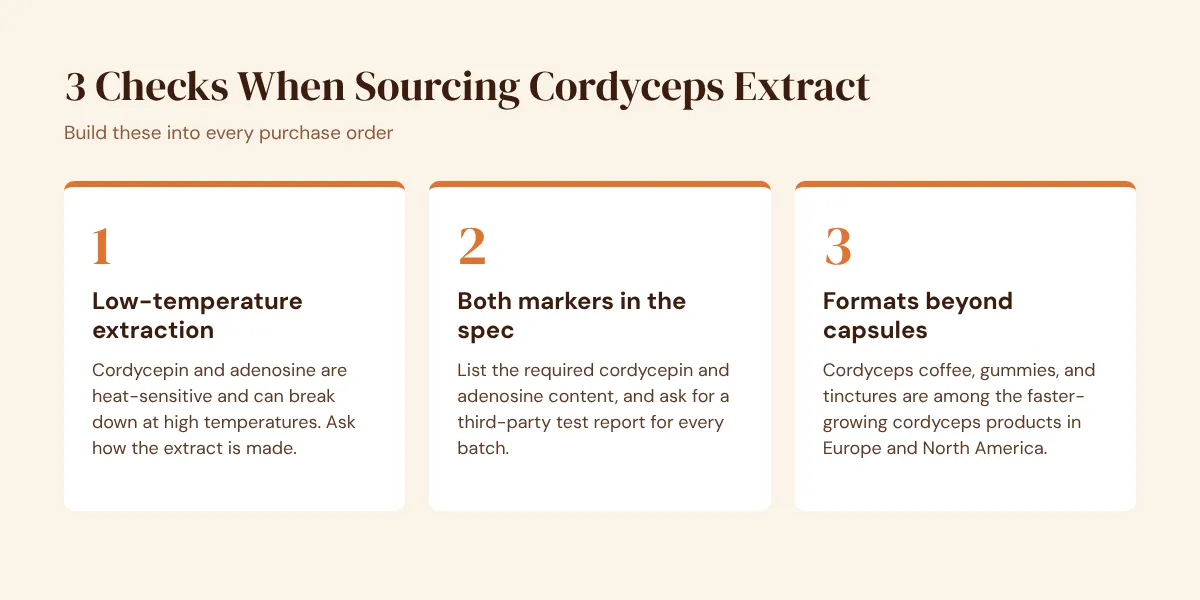 Checklist for sourcing cordyceps militaris extract: low-temperature extraction, cordycepin and adenosine in the spec sheet, and new product formats