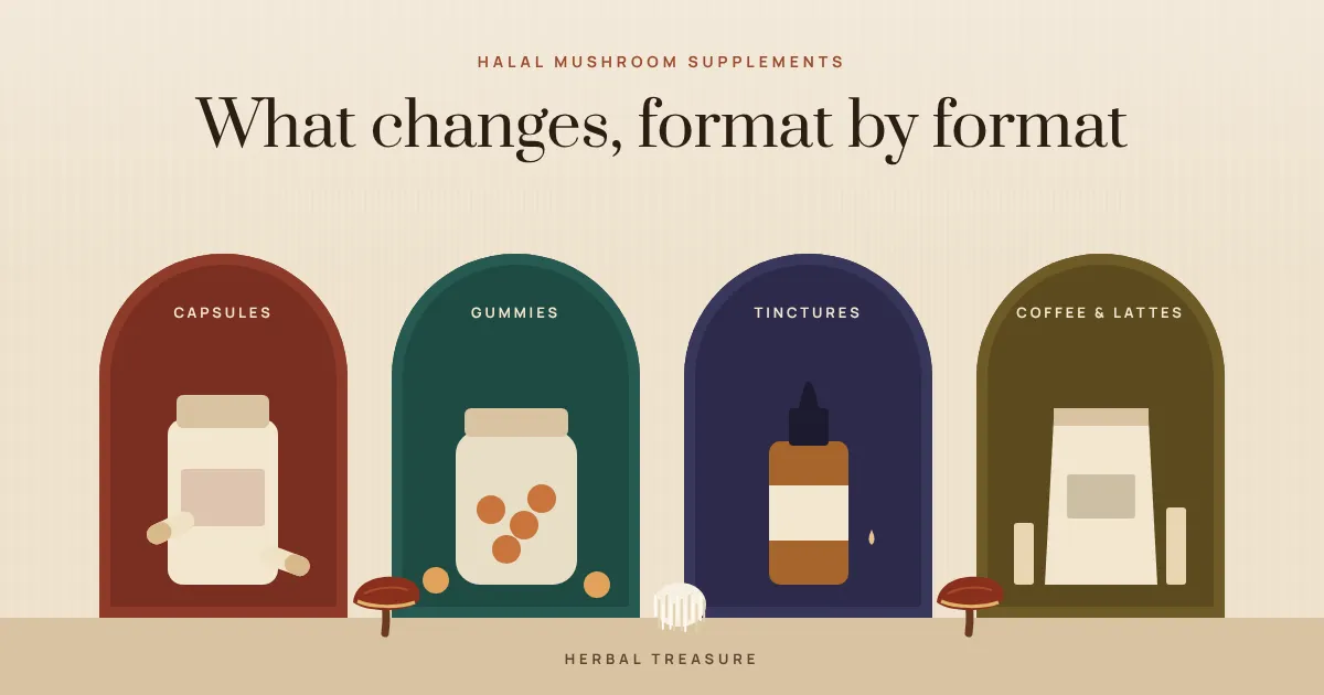 Halal mushroom supplements in four formats: a capsule bottle, a gummy jar, a dropper bottle and a coffee pouch, each set inside an arch, with reishi and lion’s mane illustrations