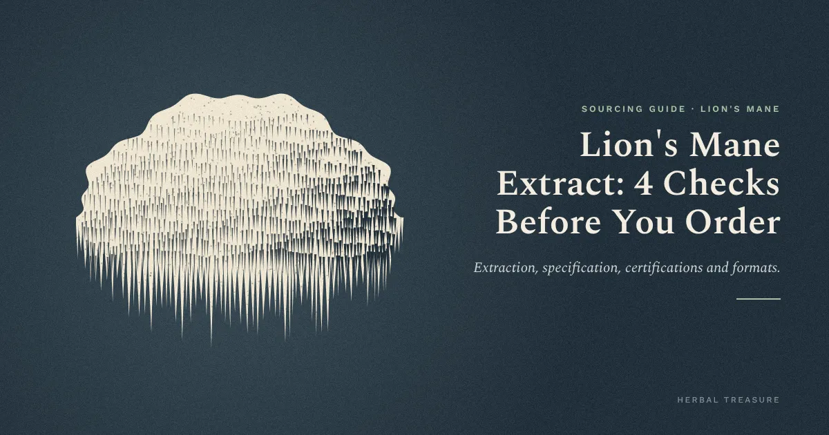 Linocut-style illustration of a lion's mane mushroom with cascading spines, beside the title of a lion's mane extract manufacturer sourcing guide