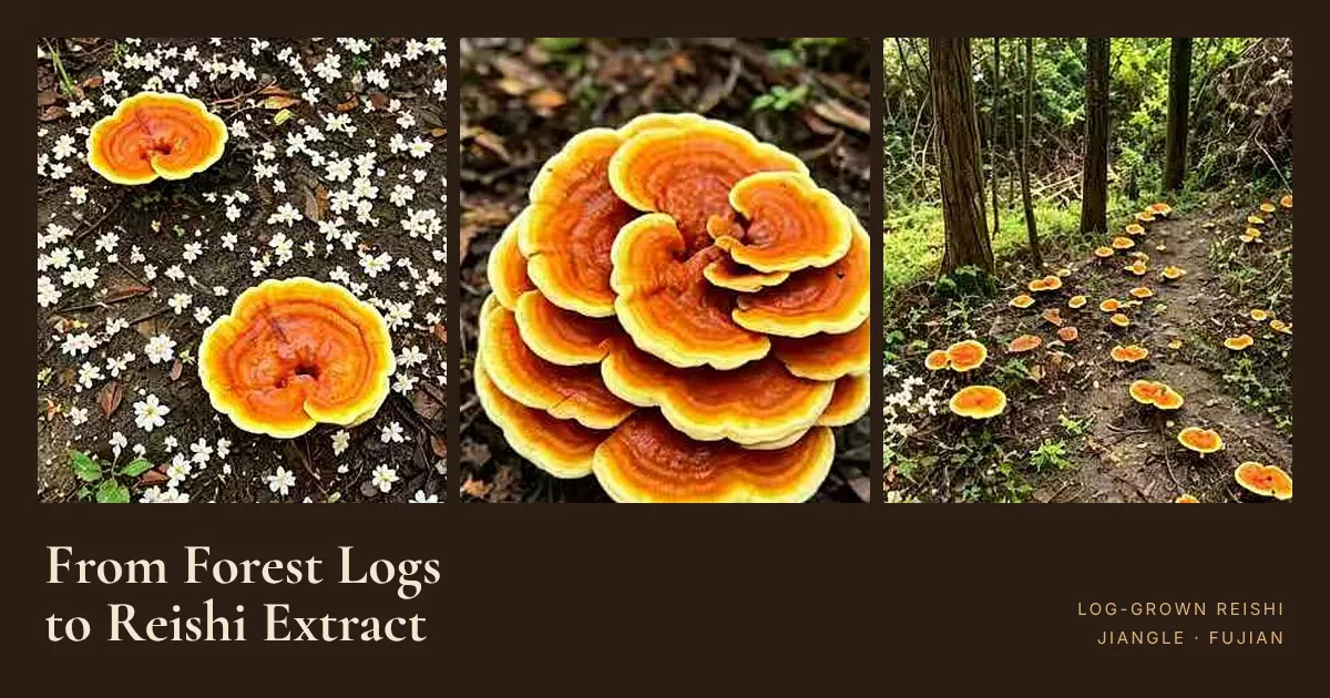 Log-grown reishi mushrooms growing on the forest floor at Herbal Treasure's cultivation base in the Wuyi Mountains of Fujian