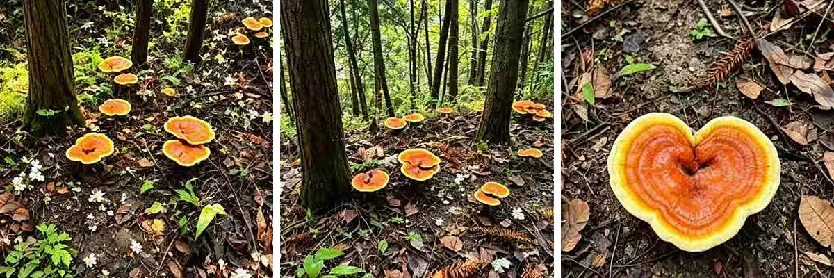 Reishi mushrooms growing in the forest at Herbal Treasure's log cultivation base in Fujian