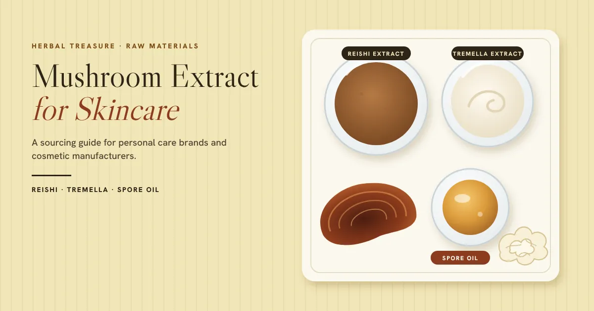 Mushroom extract for skincare: reishi extract powder, tremella extract and reishi spore oil in glass dishes, with a reishi mushroom and a tremella mushroom