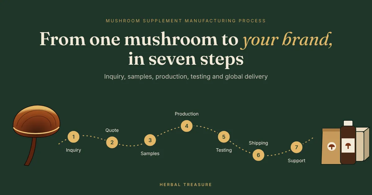 Mushroom supplement manufacturing process shown as a seven-step route from a reishi mushroom to finished supplement packaging