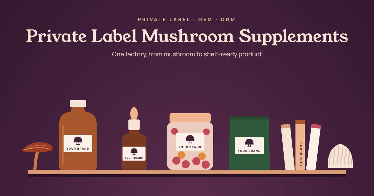 Private label mushroom supplements in five formats, a bottle, dropper, gummy jar, pouch and stick packs, each with a blank brand label