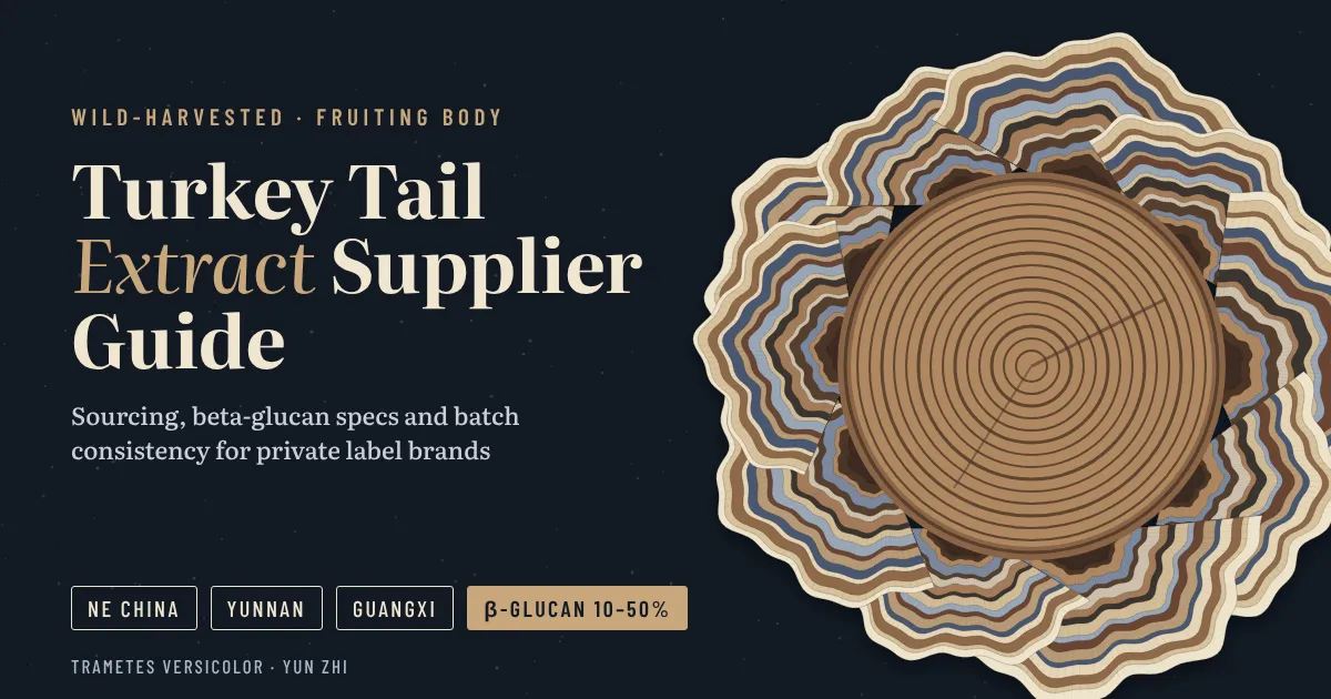 Turkey tail extract supplier illustration: wild turkey tail mushrooms growing around a tree stump, with harvest regions and beta-glucan range